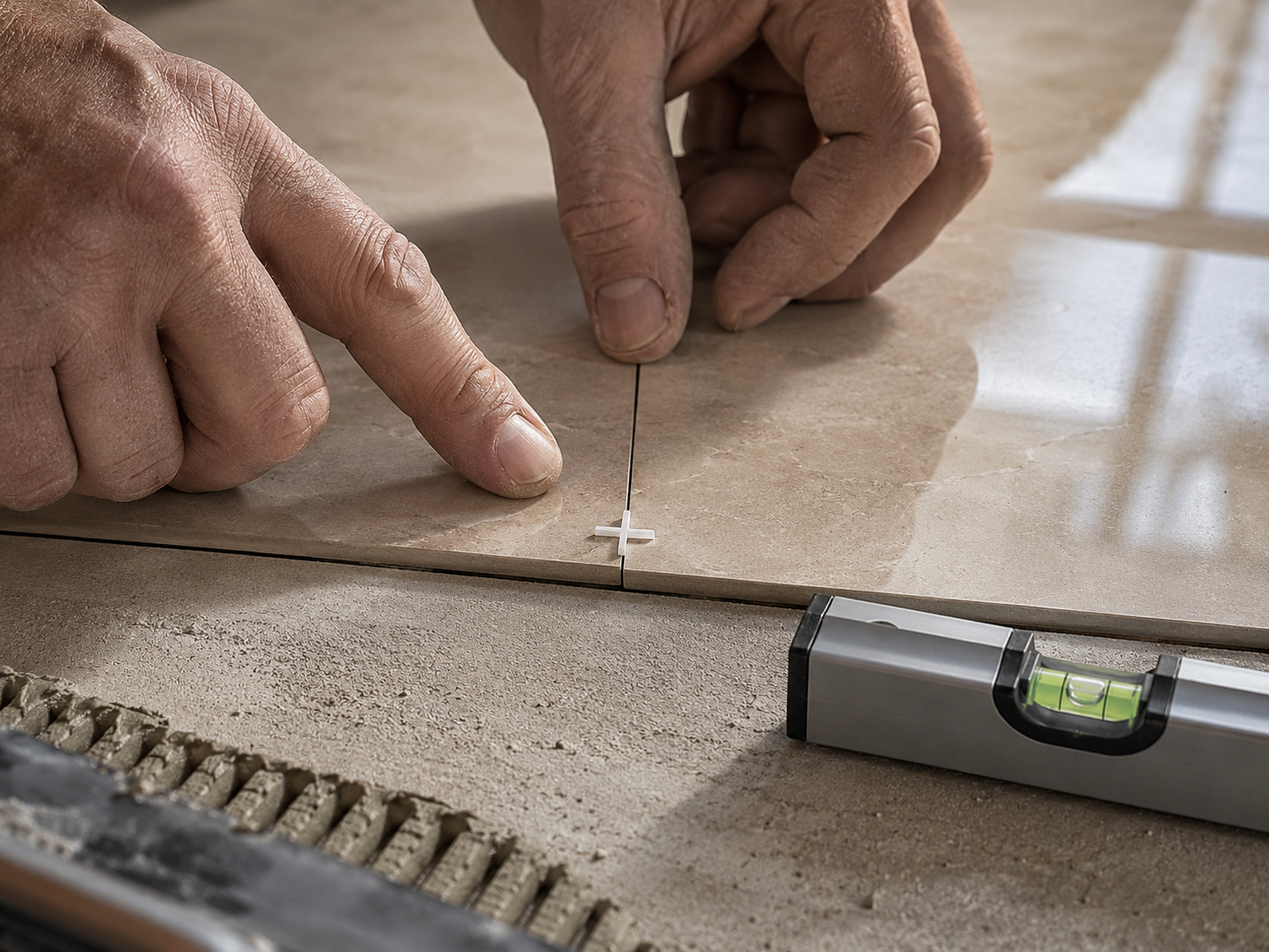 Alignement précis d'un carreau avec croisillon et niveau à bulle — détail du savoir-faire CSM BAT